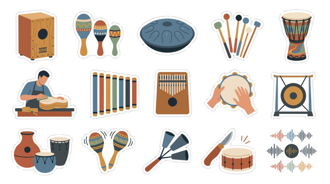 Flat Vector Illustration Set of Traditional World Percussion Instruments, Music Sounds, and Crafting