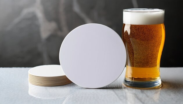 Thin Round White Drink Coaster Mockup Template With Beer Glass On Marble Table