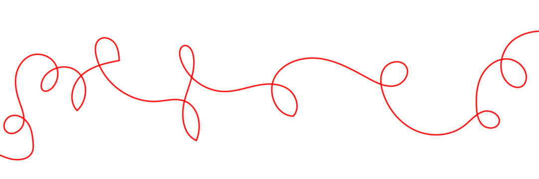 Minimalist red scribble line vector, abstract hand drawn curly thread, continuous messy loop divider for creative design projects
