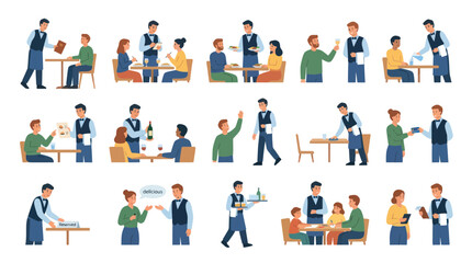 Fototapeta premium Flat Style Vector Icons of Restaurant Waiters Serving and Interacting with Customers