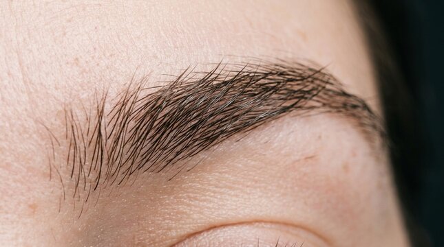 Close-up macro shot of a natural, untamed, dark brown eyebrow with fine hairs.