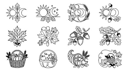 Naklejka premium Autumn Harvest Icons: Sun, Moon, Leaves, Acorns, Cornucopia, Baskets