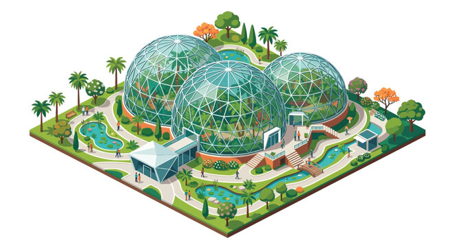 Isometric Vector of Futuristic Botanical Biosphere with Glass Domes and Tropical Gardens