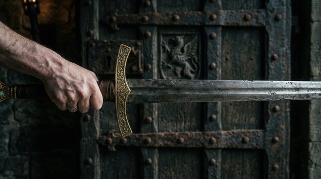A person holding a sword in their hand against an old door