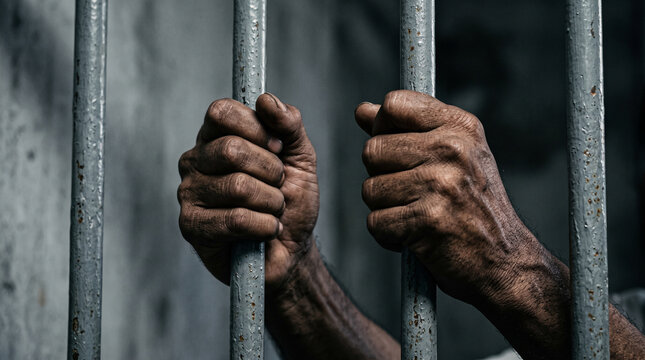 Close up of dirty hands gripping metal prison bars representing incarceration and captivity