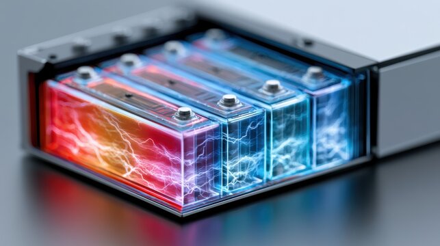 A close-up of a battery pack with four cells, glowing with colorful energy and lightning. The cells are arranged in a row inside a metallic casing, showcasing the power within