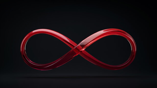A polished, deep red infinity symbol rendered in 3D, with a smooth, glass-like texture and subtle reflections, set against a dark, atmospheric background