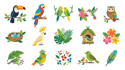 Fototapeta premium Flat Cartoon Vector Illustration Set of Tropical Nature and Wildlife with Cute Birds, Nests, and Flowers