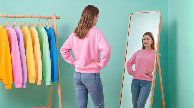 Mirror reflection of young woman trying on pink sweatshirt in minimalist dressing room. Selection of colorful apparel on wooden rack in background.