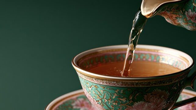 A steaming cup of tea being poured from a decorative teapot into a matching teacup against a dark green background. The tea is a rich amber color and appears warm and inviting