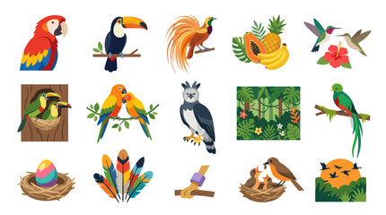 Fototapeta premium Flat Vector Tropical Nature Set: Exotic Birds, Jungle Animals, Fruits, Nests, and Wildlife Icons Collection