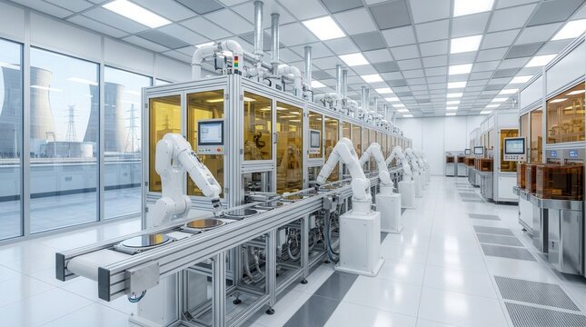 Bright chip production hall in a semiconductor fab with wafer-handling robots and vacuum lines