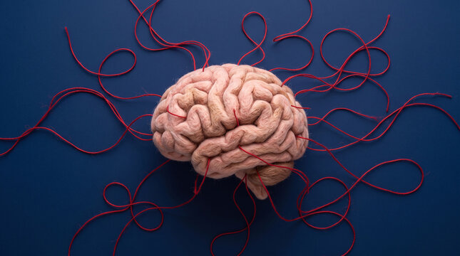 Human brain model with red neural connections on a dark blue background
