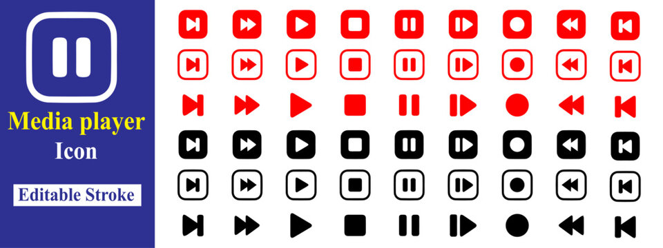 Media Player icon, logo silhouette symbol, clipart vector illustration. Editable stroke. play button, pause or stop icon.