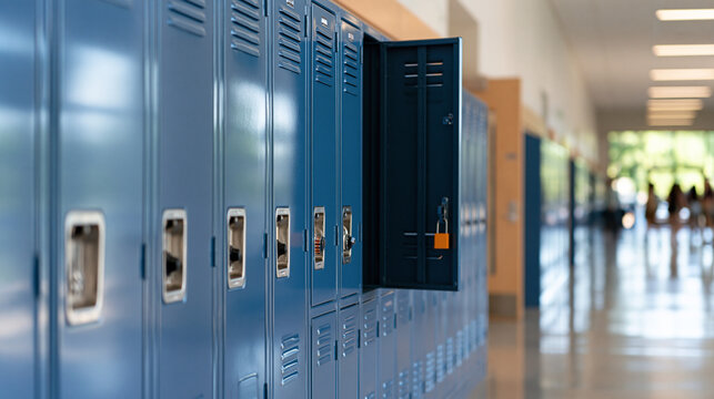 Single open empty blue metal locker along a bright nondescript high school hallway clean modern interior education storage concept daylight lighting bright clean composition
