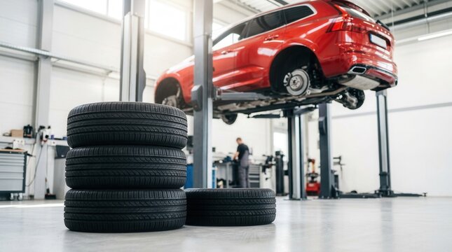 Pile of car tires in a garage service center or shop for auto maintenance with sunlight background