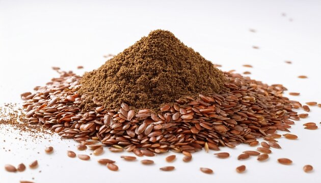 A Heap Of Ground Flaxseed With Whole Seeds Spread Across A White Surface