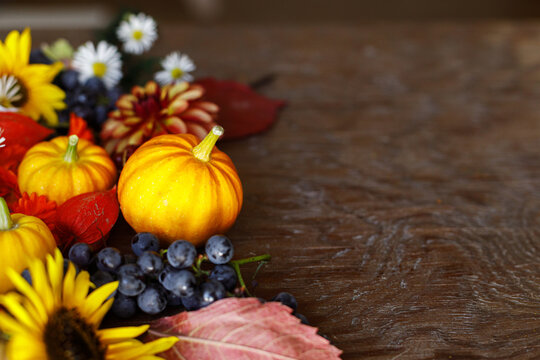 Happy Thanksgiving. Pumpkins, autumn leaves, berries and flowers border on old wooden table with copy space. Atmospheric fall still life. Fall season banner