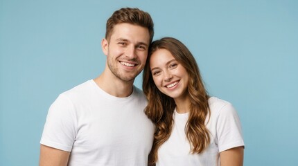 Fototapeta premium A smiling young caucasian couple posing against a blue background.