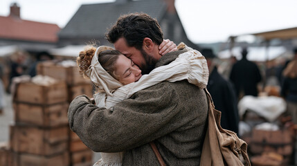 Fototapeta premium A living history reenactor and her partner celebrate a milestone market day achievement at a desolate heritage site a stack of wooden crates packed and ready beside them as