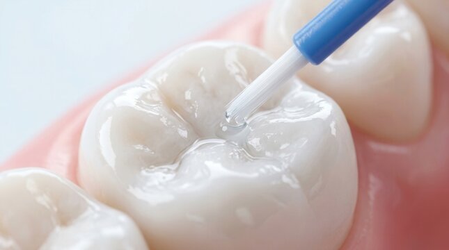 Clinical closeup of a molar tooth receiving dental sealant