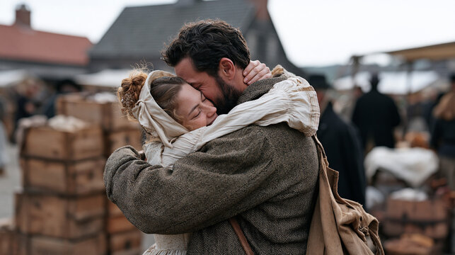 A living history reenactor and her partner celebrate a milestone market day achievement at a desolate heritage site a stack of wooden crates packed and ready beside them as