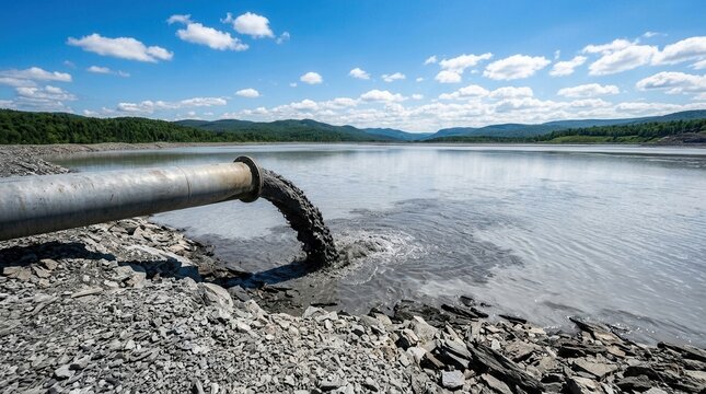 A pipeline discharging slurry into mining industry sludge ponds for copper and iron ore tailings storage facilities.