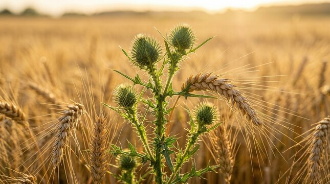 Green thorny tares growing among mature wheat stalks in a harvest field