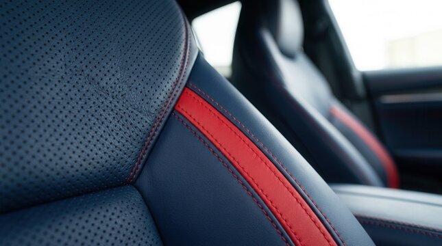 Close up view of synthetic rubber and leather car seat cover in blue with red accents