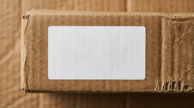 Close up view of a blank white rectangular paper sticker on a brown corrugated shipping carton with central copy space