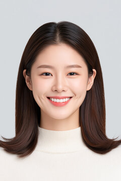 Studio Portrait Of Smiling Woman In Cream Turtleneck Knit Sweater With Dark Brown Hair