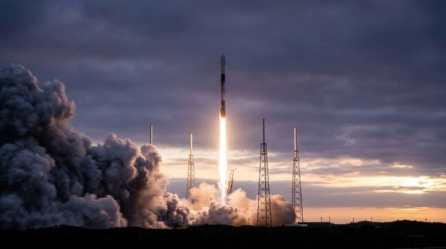 Moment of liftoff during a rocket launch at dawn with billowing smoke and big flames against a clouded sky