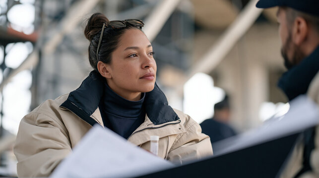 bridge inspector with glasses pushed up on her forehead tastes mineral water from a test vial while assessing a structural report in a busy urban underpass, wide establishing view