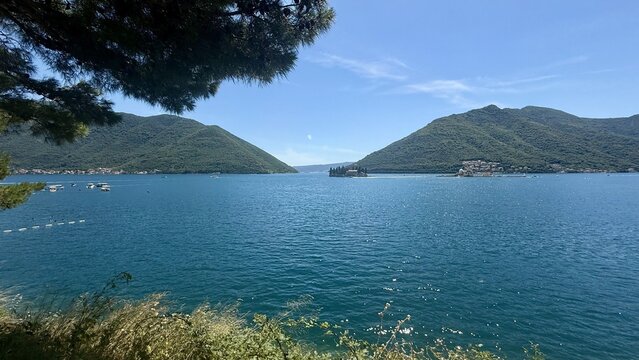 Aerial view of Our Lady of the Rocks and Saint George islands in the Bay of Kotor, Perast, Montenegro