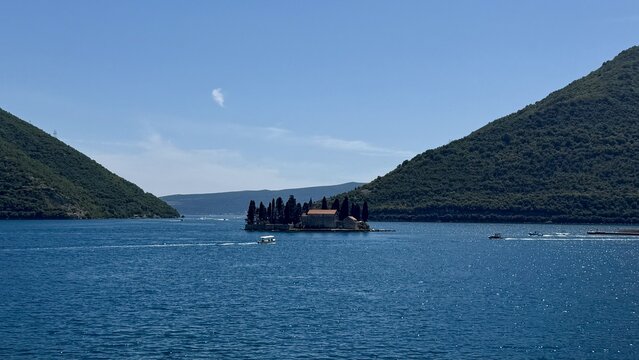 Aerial view of Our Lady of the Rocks and Saint George islands in the Bay of Kotor, Perast, Montenegro