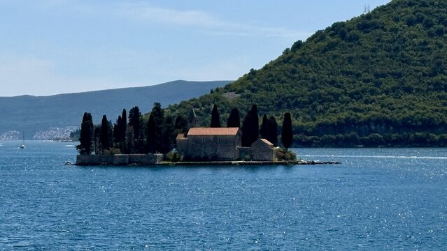 Aerial view of Our Lady of the Rocks and Saint George islands in the Bay of Kotor, Perast, Montenegro