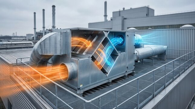 Roofmounted energy recovery ventilator with heat exchangers capturing heat from dryer exhaust for industrial drying efficiency.