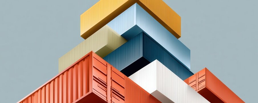 Colorful stacked shipping containers forming a geometric vertical composition symbolizing cargo and logistics