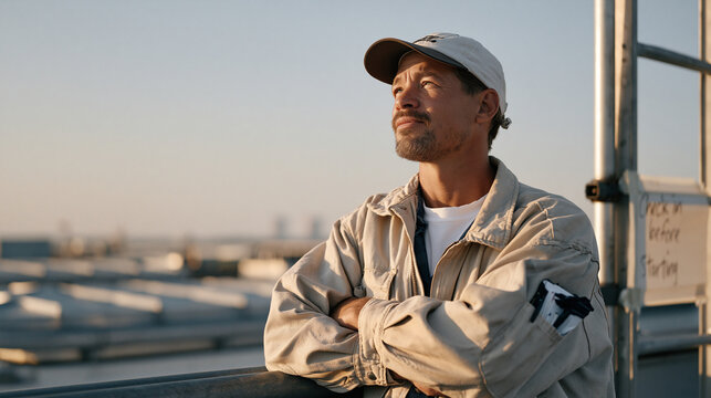 A green roof installer pauses on a misty early morning rooftop listening toward a rooftop hatch where a handwritten sign taped to the door reads check in before starting as crisis