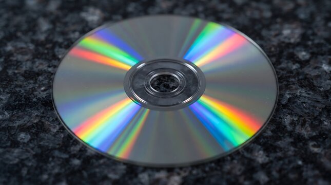 Extreme close up of a glossy CD surface showing vivid rainbow light refraction on granite background
