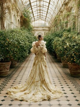 Woman standing in a long, flowing gown with a high neckline and long sleeves. the gown is made of a light-colored fabric with intricate patterns and designs.