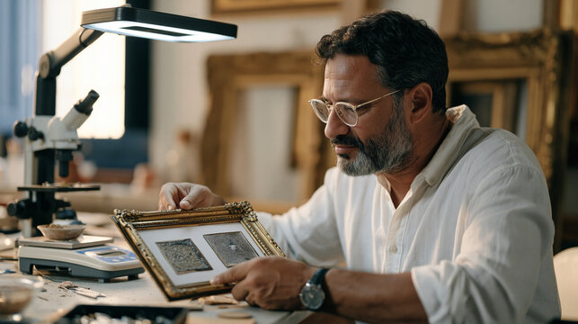An antique restorer comparing two period finish samples side by side under a magnifying lamp, a precise scale weighing pigment powder on the workbench, warm indoor lighting