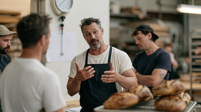 bread baker debriefs with his team after a grueling overnight bake in a bare industrial kitchen, a thermometer probe reading posted on the wall, money anxiety and budget overruns