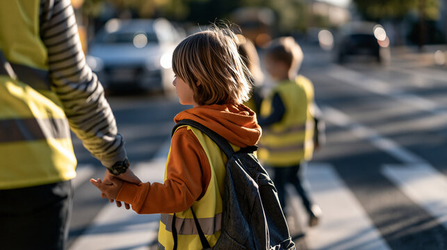 Rear view of a school bus assistant helping children cross a bright road at a crosswalk cropped composition with faces out of frame road traffic safety concept pedestrian