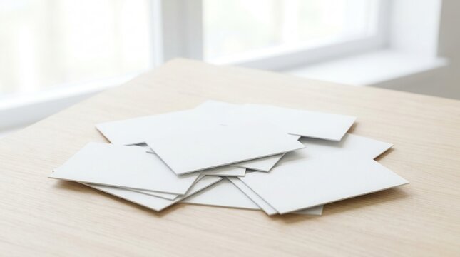 Blank white rectangular paper cards scattered in a pile on a light wooden table near a bright window indoor stationery mockup presentation template.