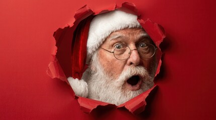Naklejka premium Surprised Santa Claus with a white beard and red suit peeking through a torn red background for holiday cheer and excitement.