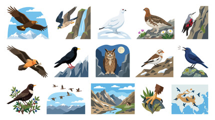 Fototapeta premium Diverse Bird Species in a Flat Vector Style, Depicting Wildlife and Nature