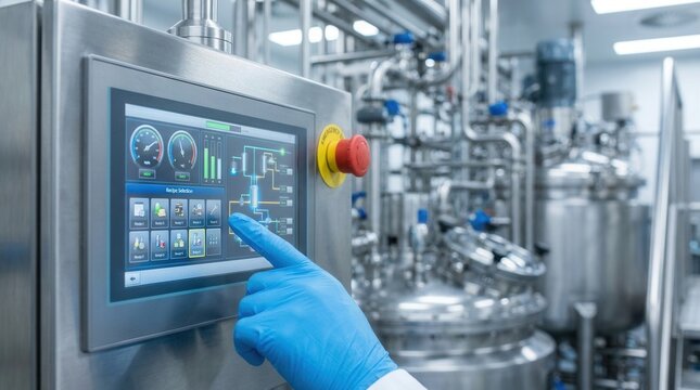A medium shot of a touchscreen HMI control panel displaying dynamic machine status updates and recipe selections in multiple languages for flexible industrial operation.