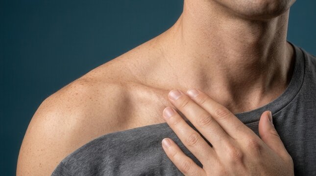 Male torso with hand touching collarbone and visible skin texture and freckles