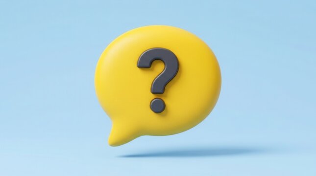A yellow speech bubble with a question mark floats against a light blue background, showing the concept of asking for help in a simple way.
